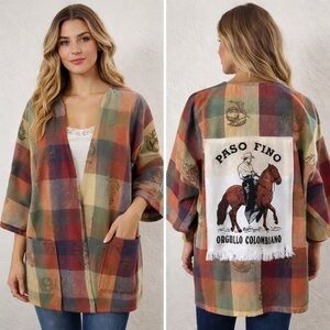 New Upcycled kimono open front jacket, cowboy equestrian linen back One Size Fit